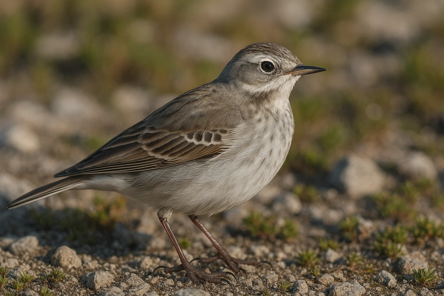 Bisbita alpino caminando entre hierbas de altura