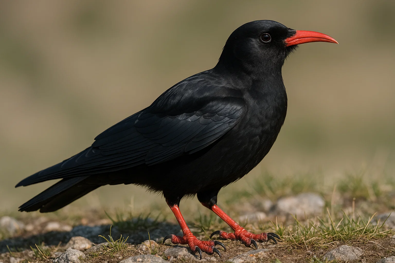 Chova piquirroja mostrando pico rojo curvado
