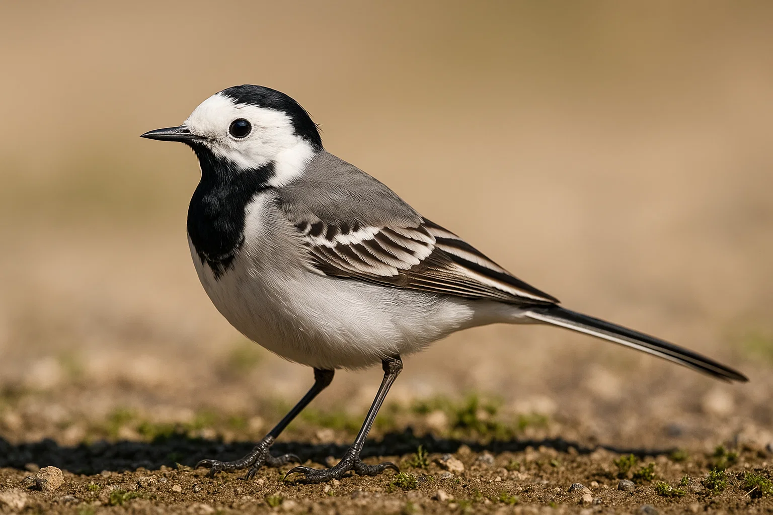 Lavandera blanca caminando por un prado húmedo
