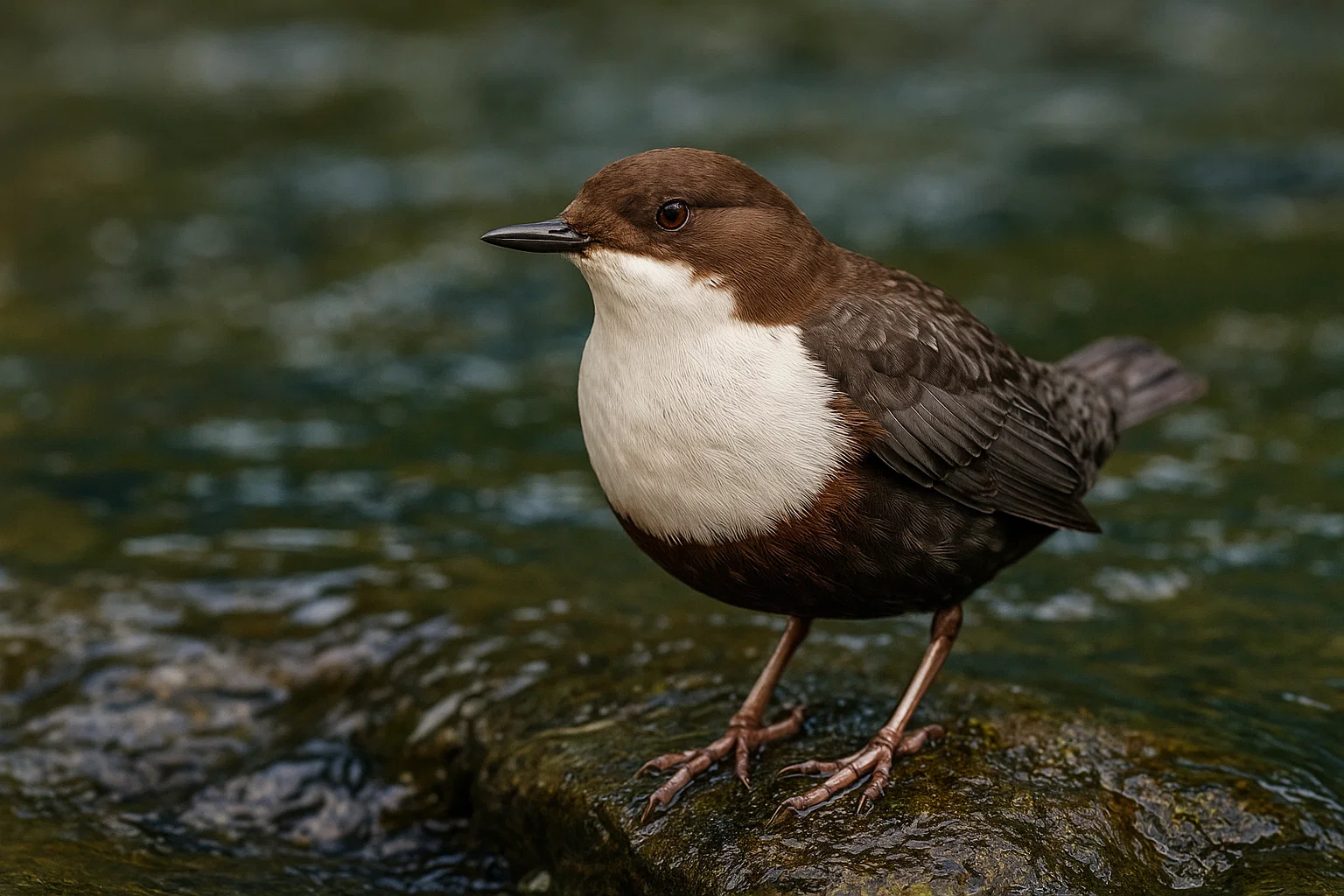 Mirlo acuático posado en una roca de un arroyo