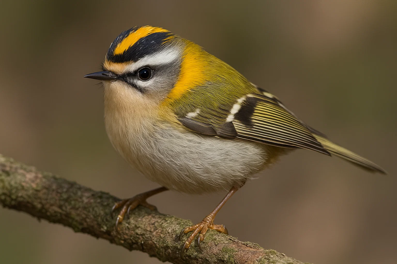 Reyezuelo listado con ceja blanca y corona amarilla