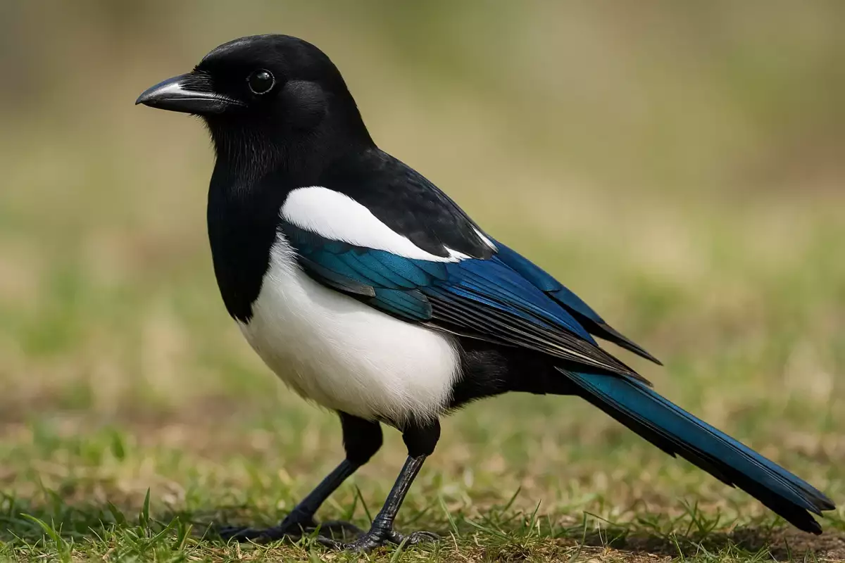 Urraca común blanco y negro con irisaciones azules