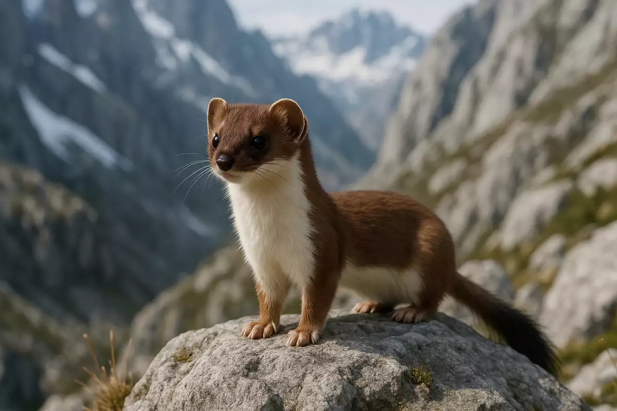 Comadreja, pequeño mustélido marrón y blanco