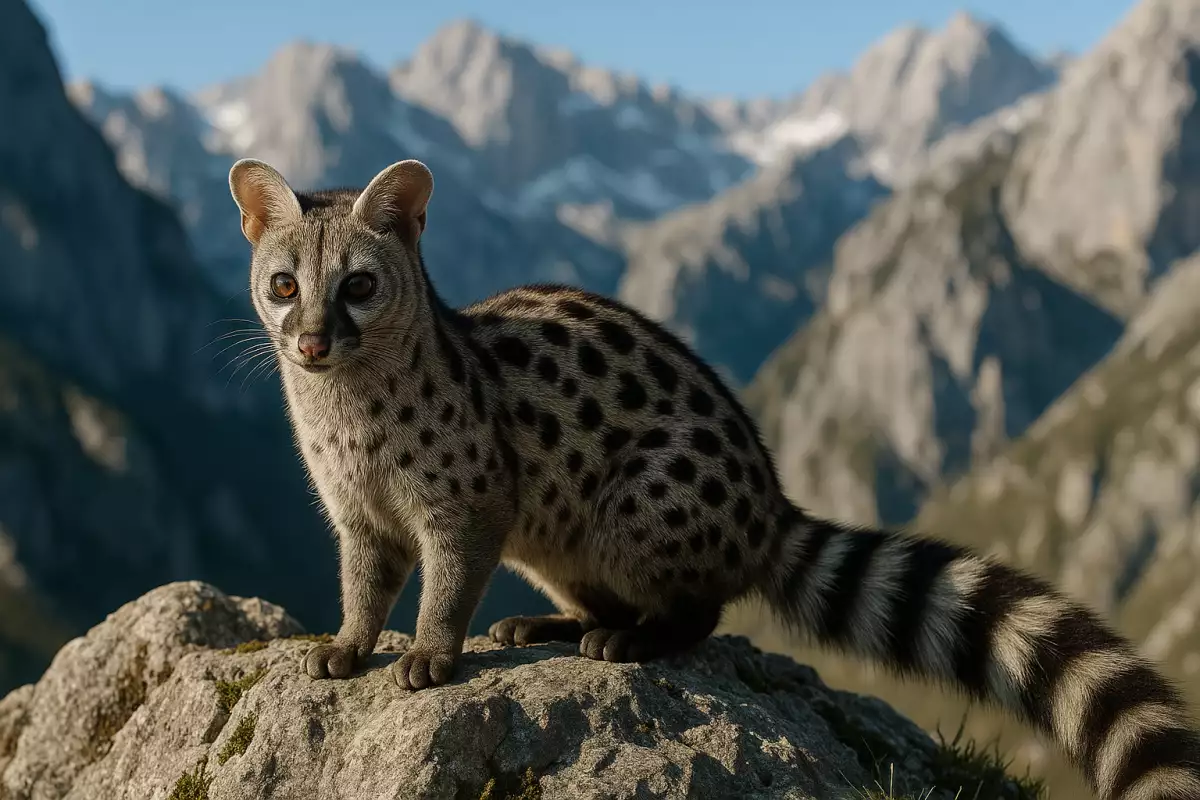 Gineta moteada con larga cola anillada