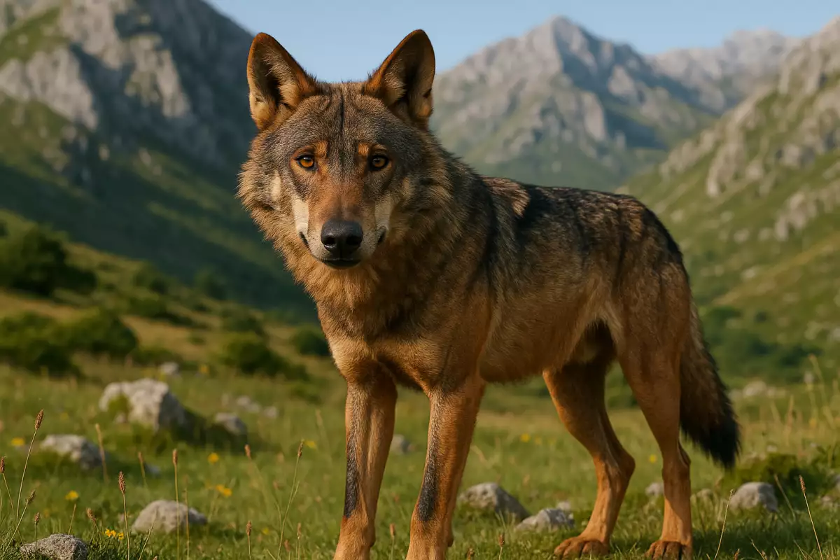 Lobo ibérico en entorno de matorral cantábrico