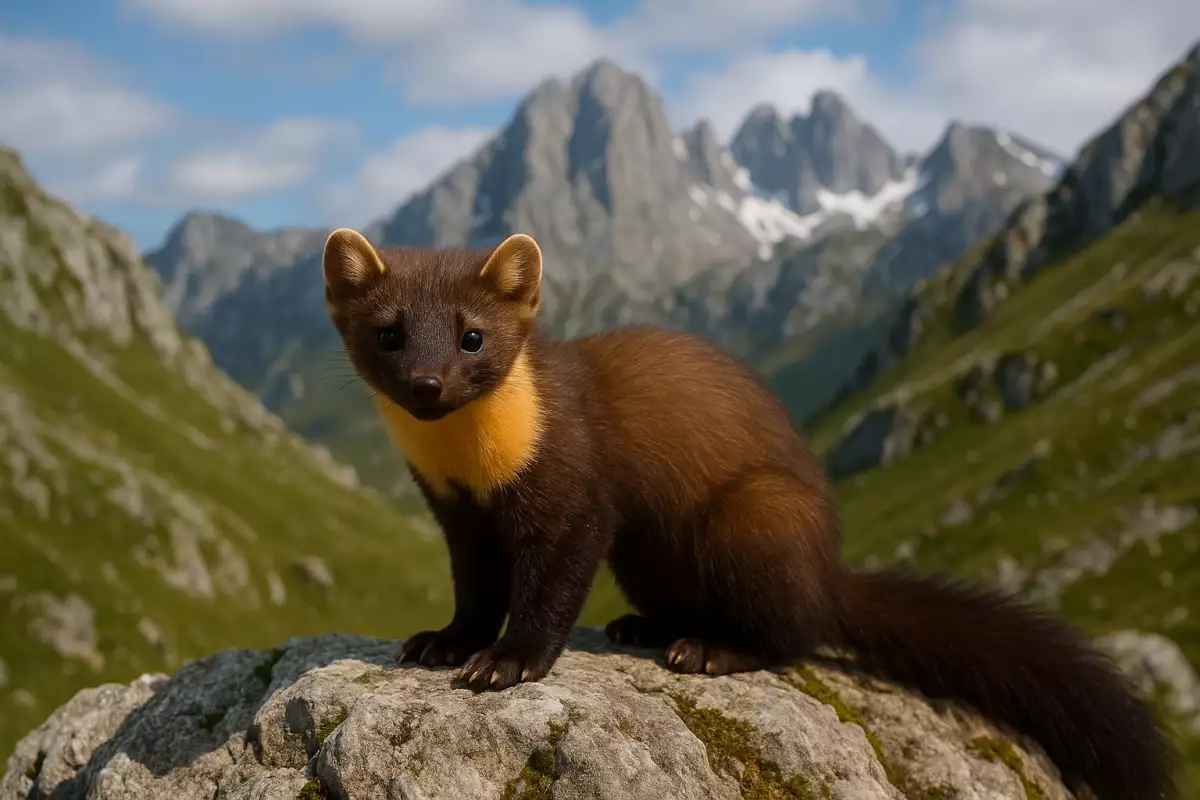 Marta europea con mancha amarilla en el cuello