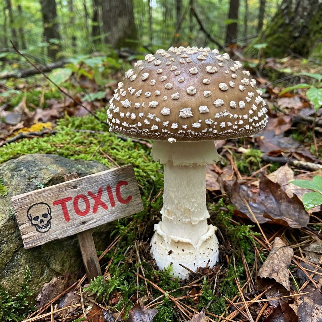 Amanita pantherina, sombrero marrón con verrugas claras