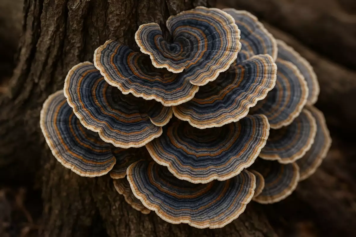 Trametes versicolor en bandas multicolor tipo cola de pavo