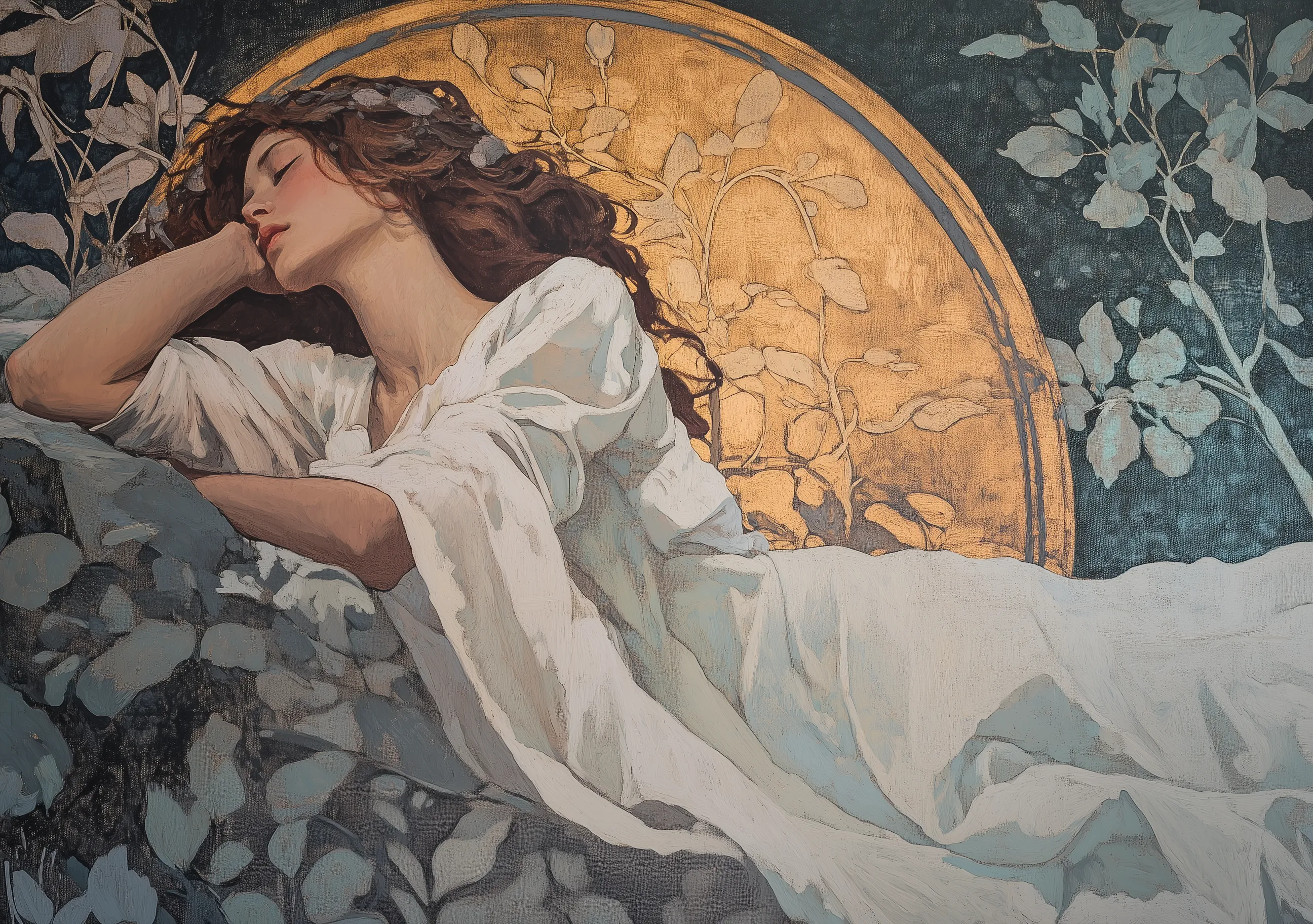 Art Sleeping Woman Garden Flowers