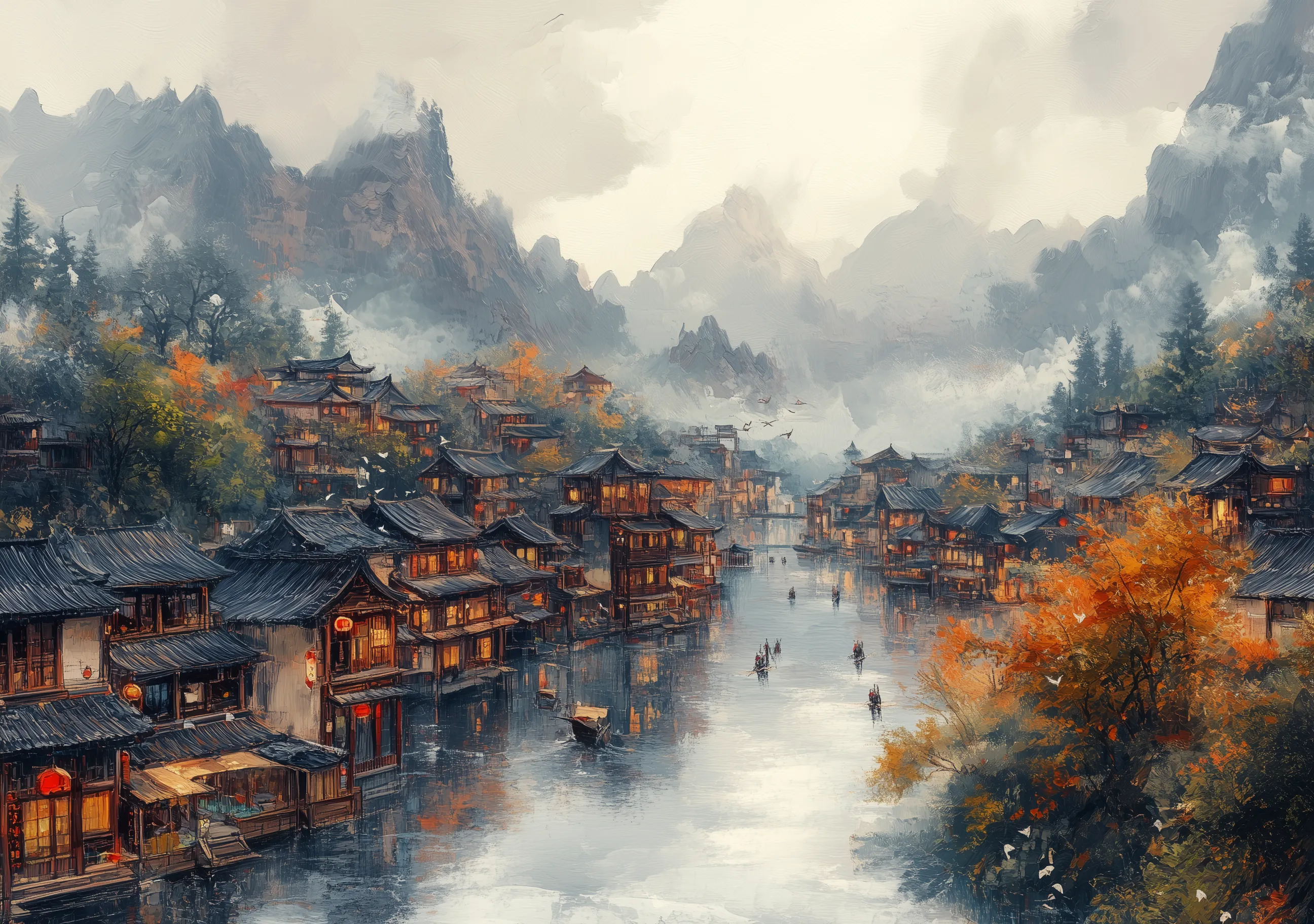 Chinese Village Asian River
