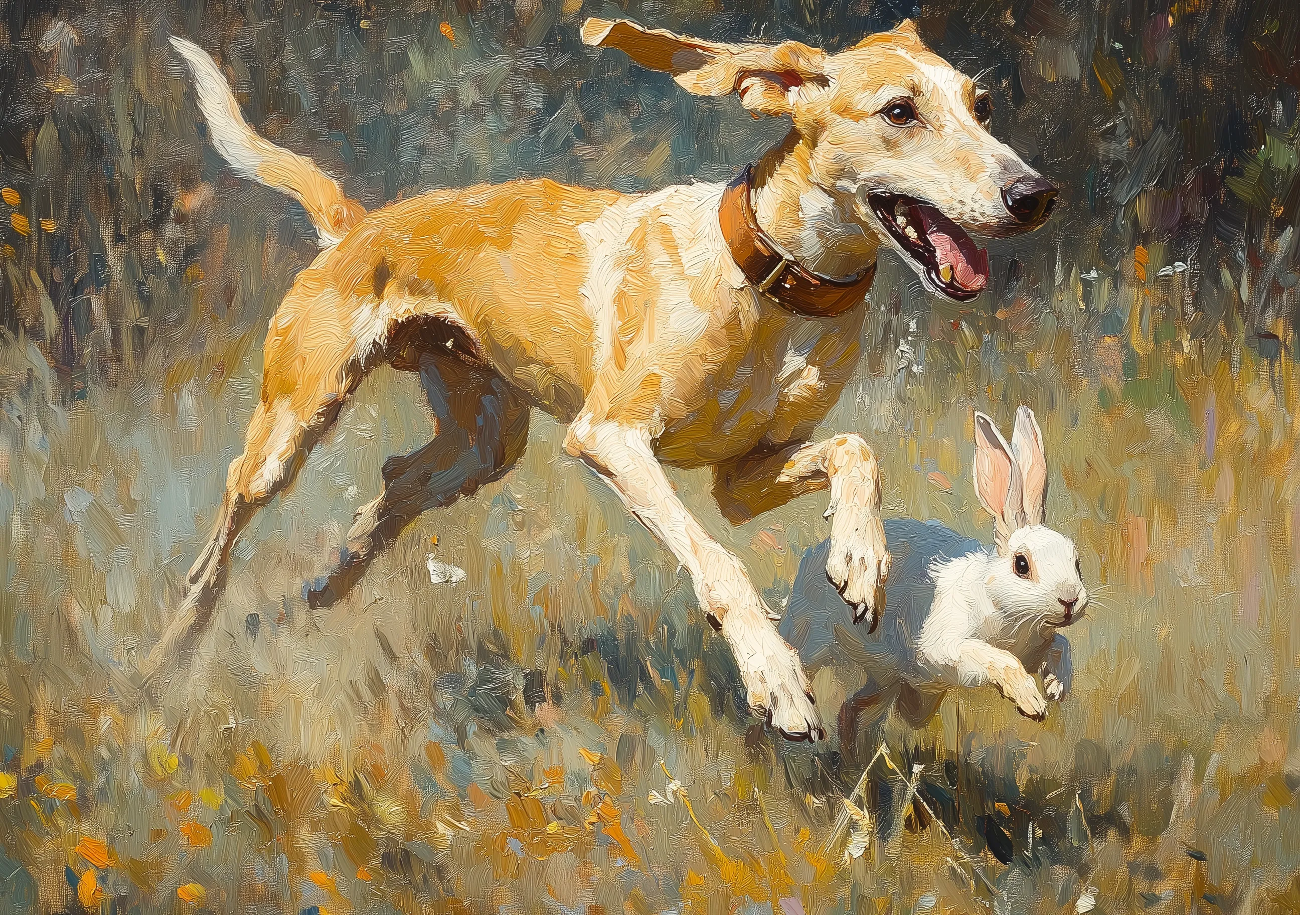 Dog Rabbit Field Impressionism