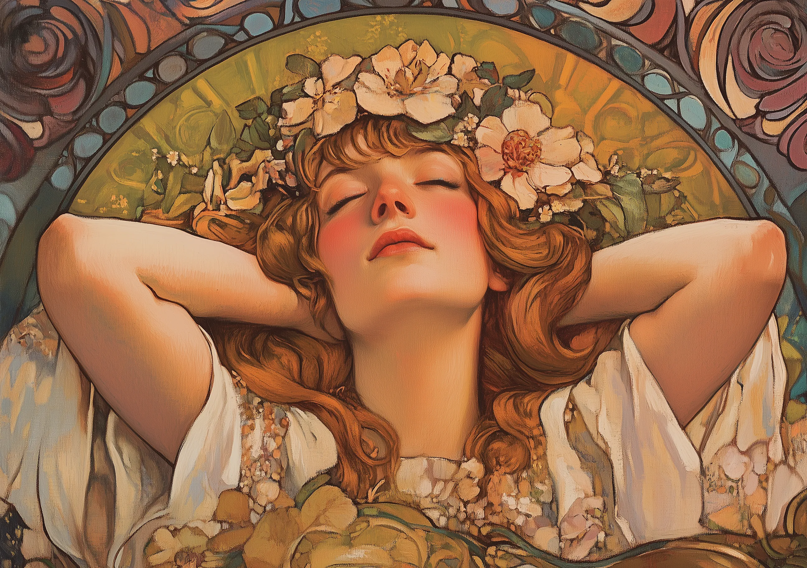 Female Model With Floral Crown Oil Painting