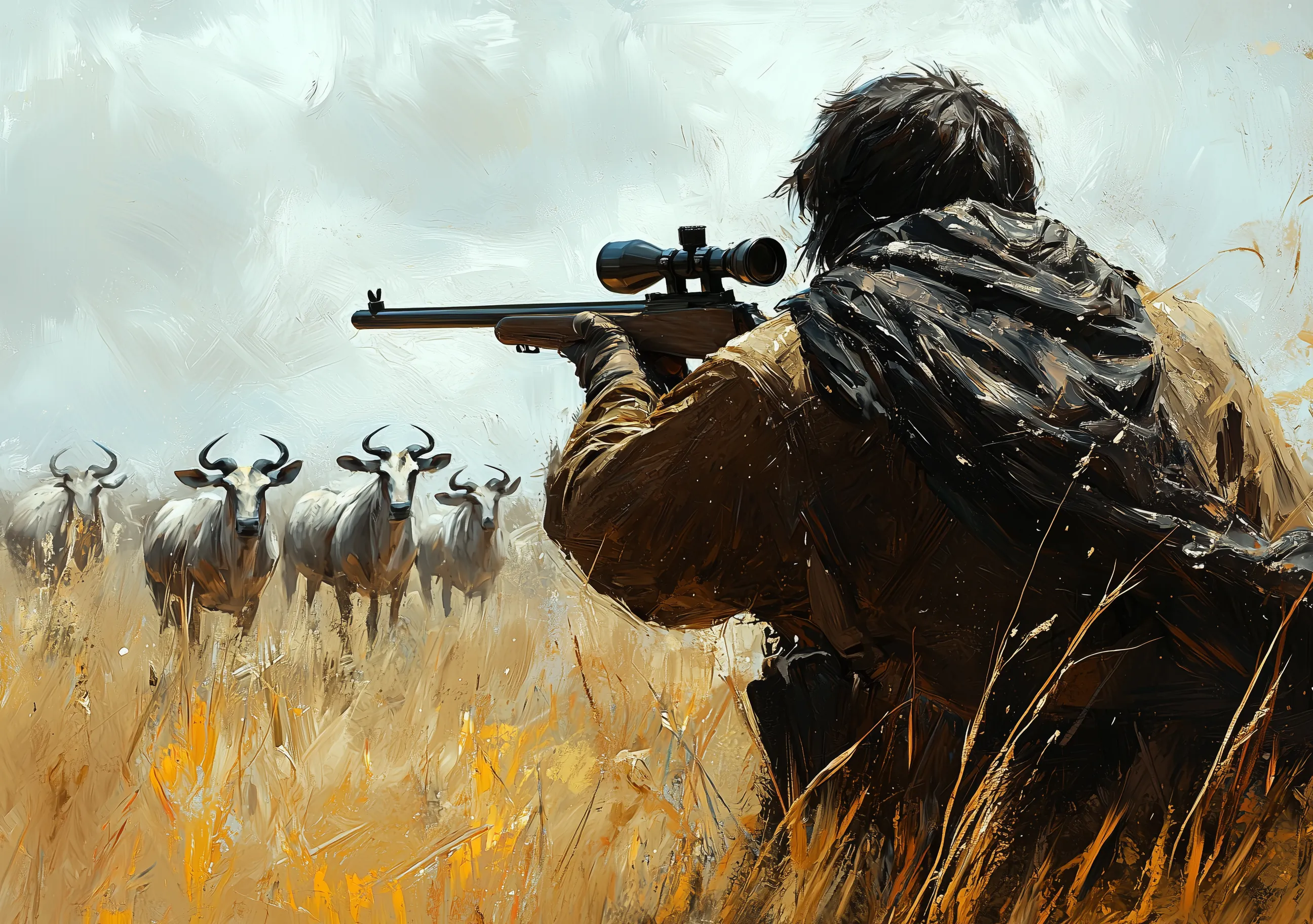 Hombre Cazando Bisontes Rural Impresionista