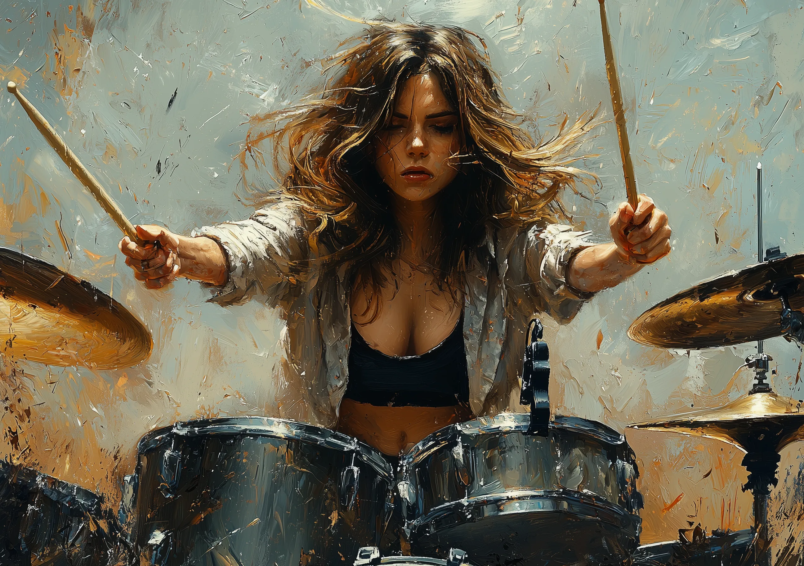 Impressionist Woman Playing Drums