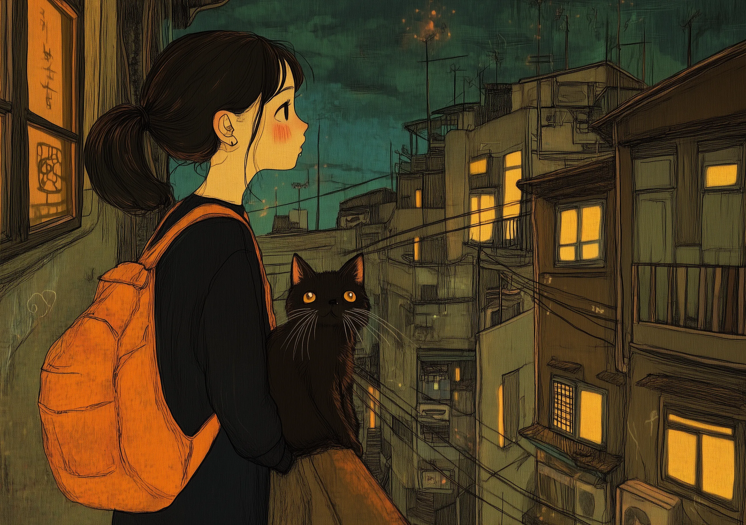 Night View Of Girl And Cat