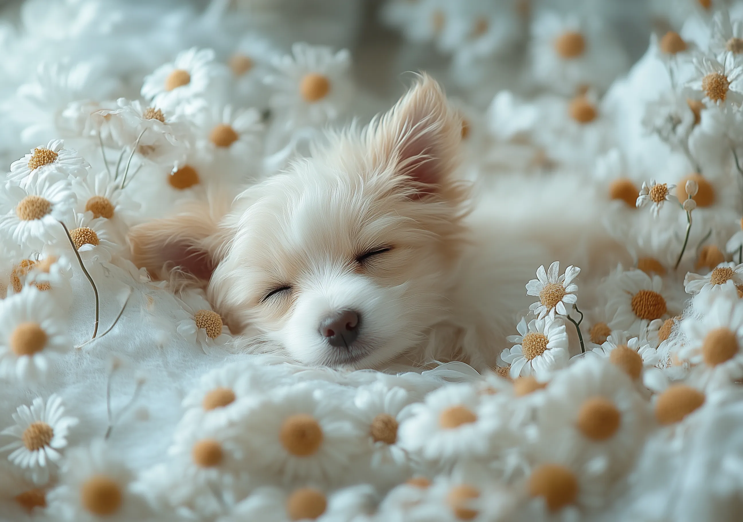 Puppy Sleeping In Flower Field