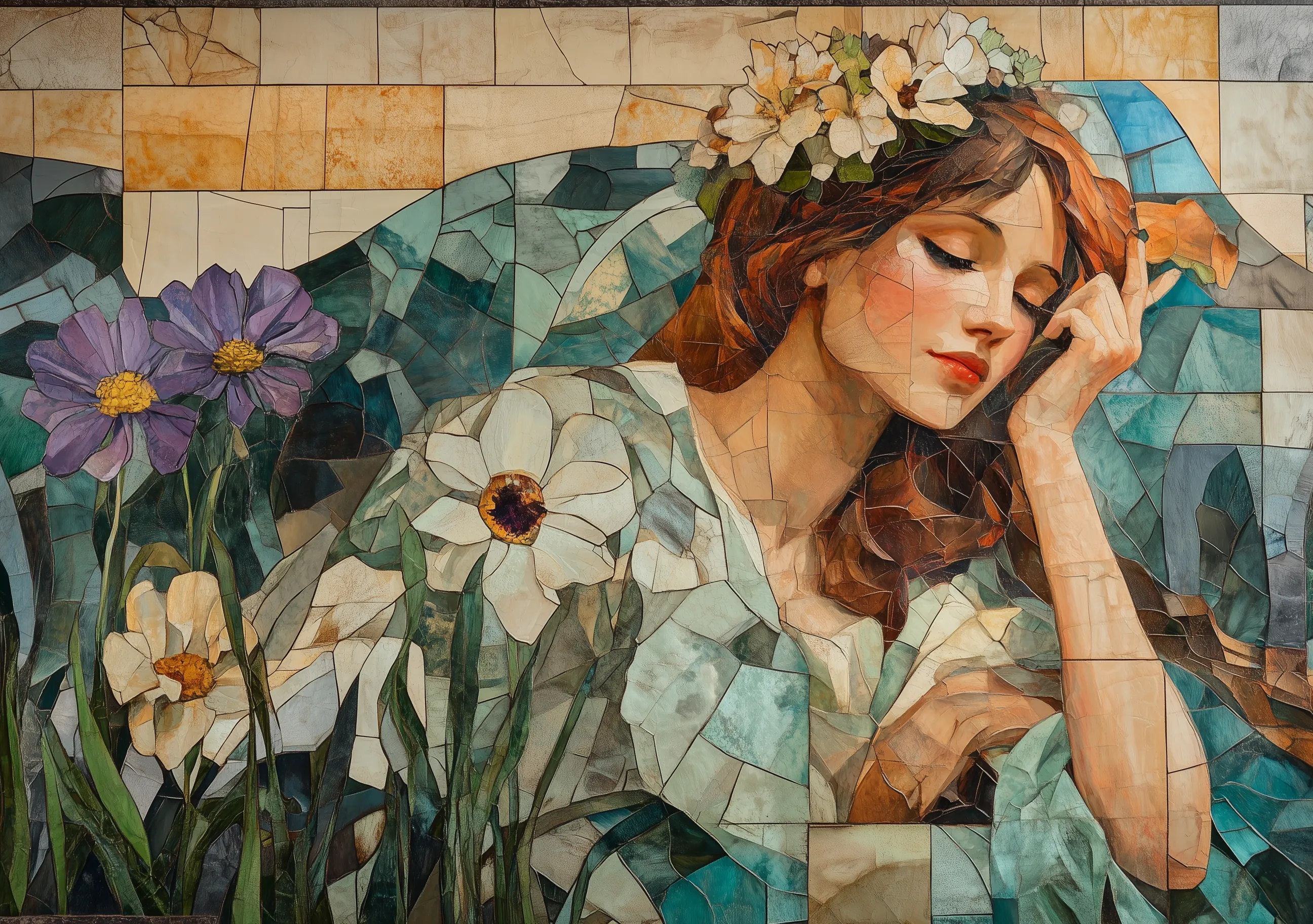 Stained Glass Mosaic Woman Flowers