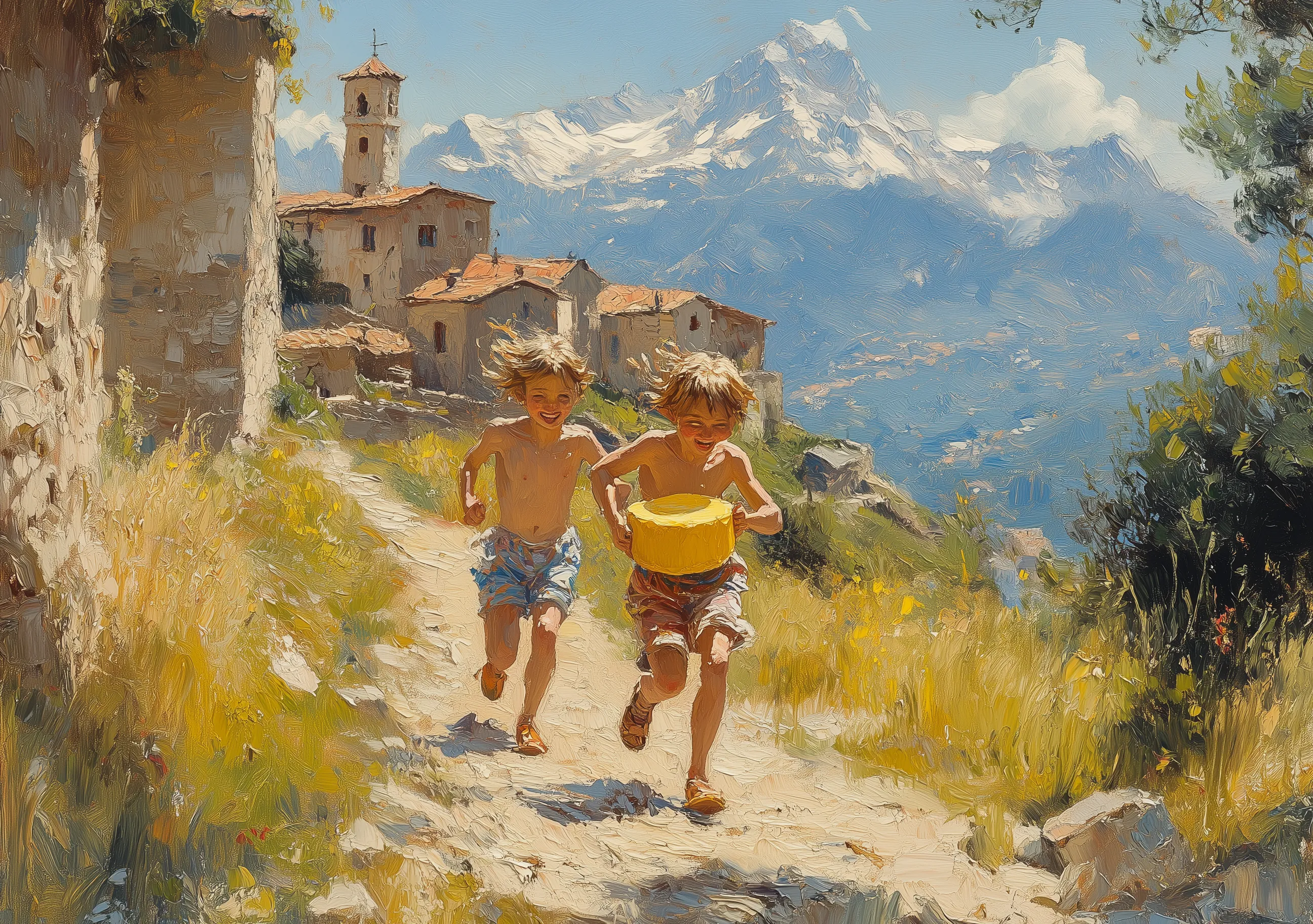 Two Children Running On Path In Mountainous Landscape