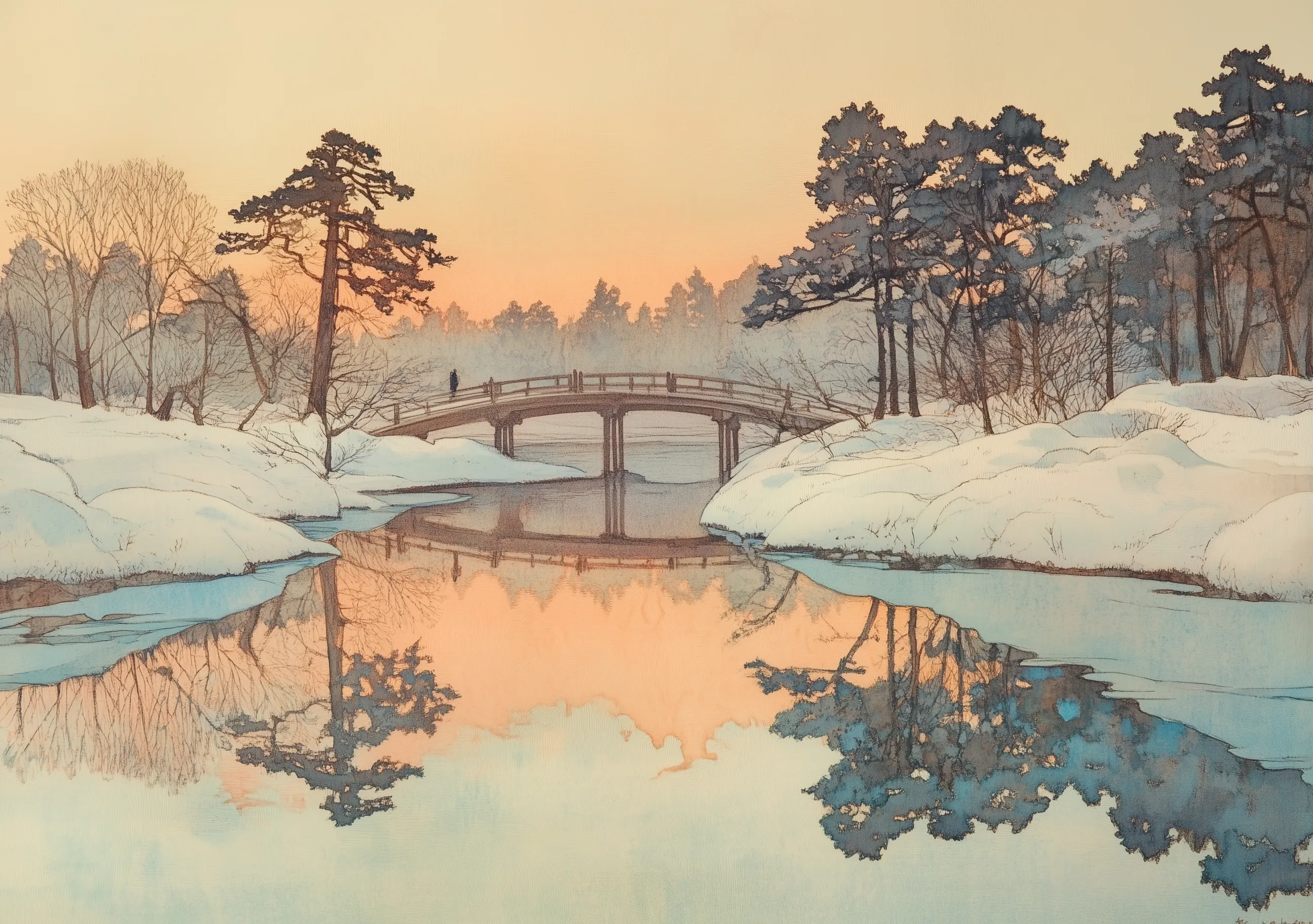 Winter Scenery Riverside Bridge Trees