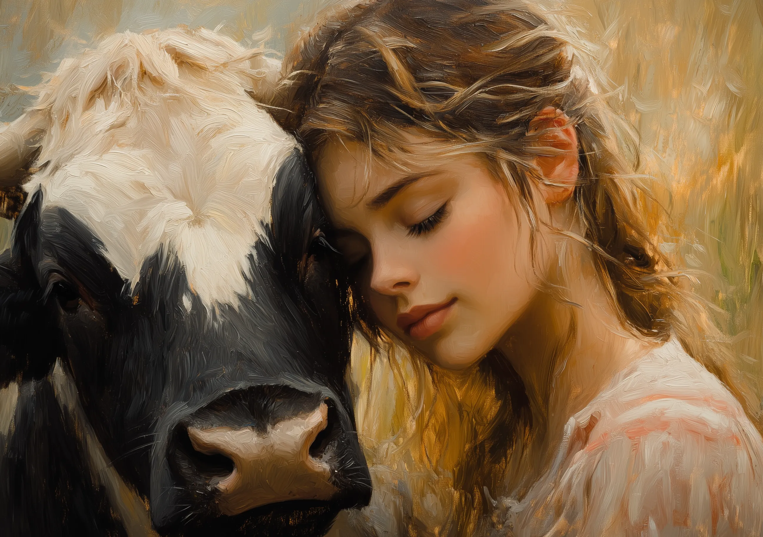 Young Woman With Cow Rural Setting